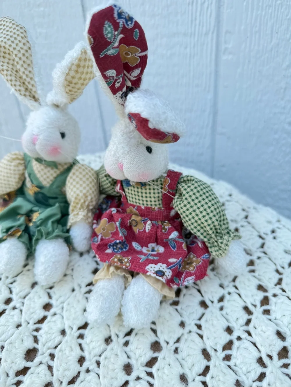 Handcrafted Plush Bunny Pair in Green and Red Dresses vintage